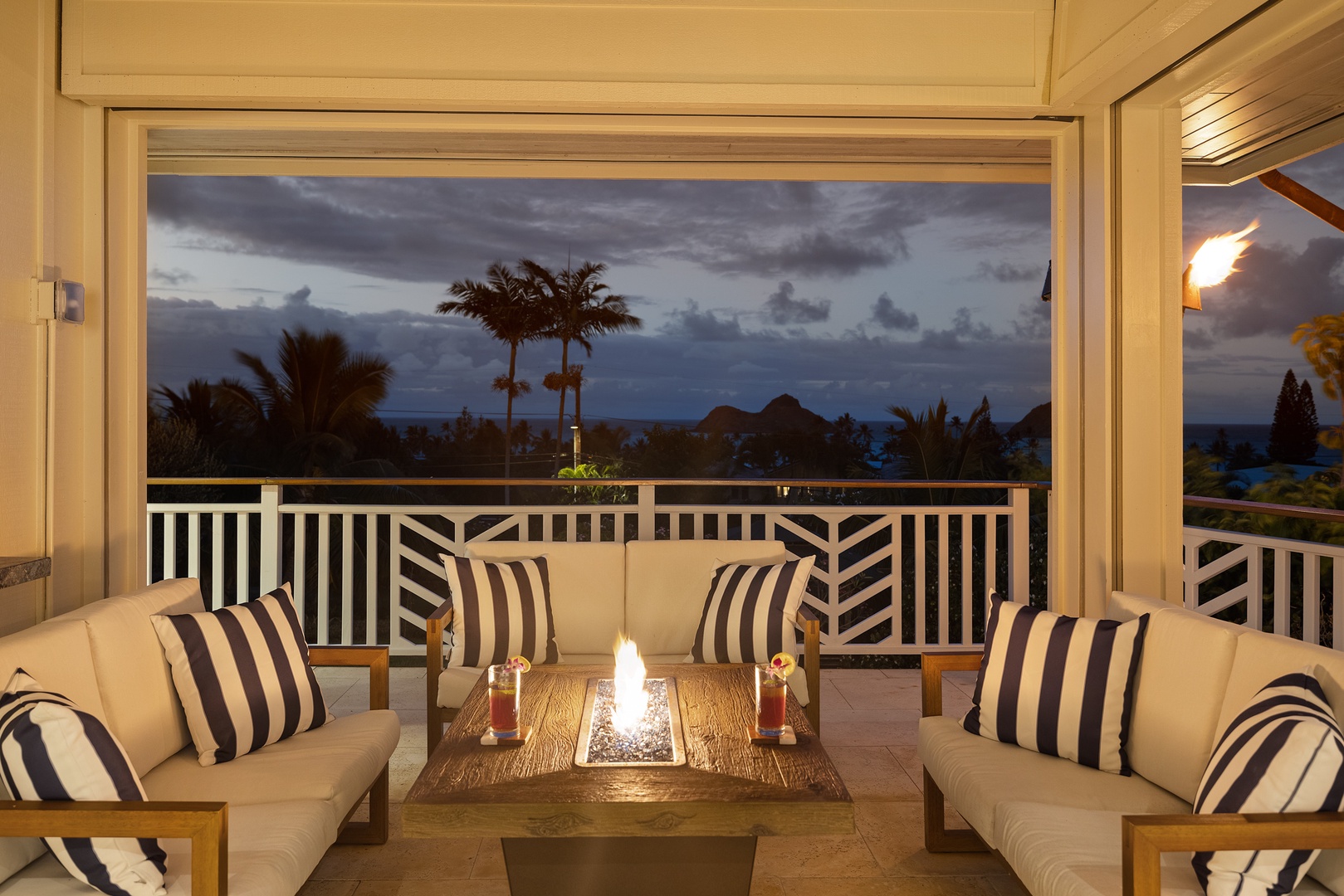 Kailua Vacation Rentals, Lanikai Valhalla - Main Floor Lanai Fire table at Twilight
