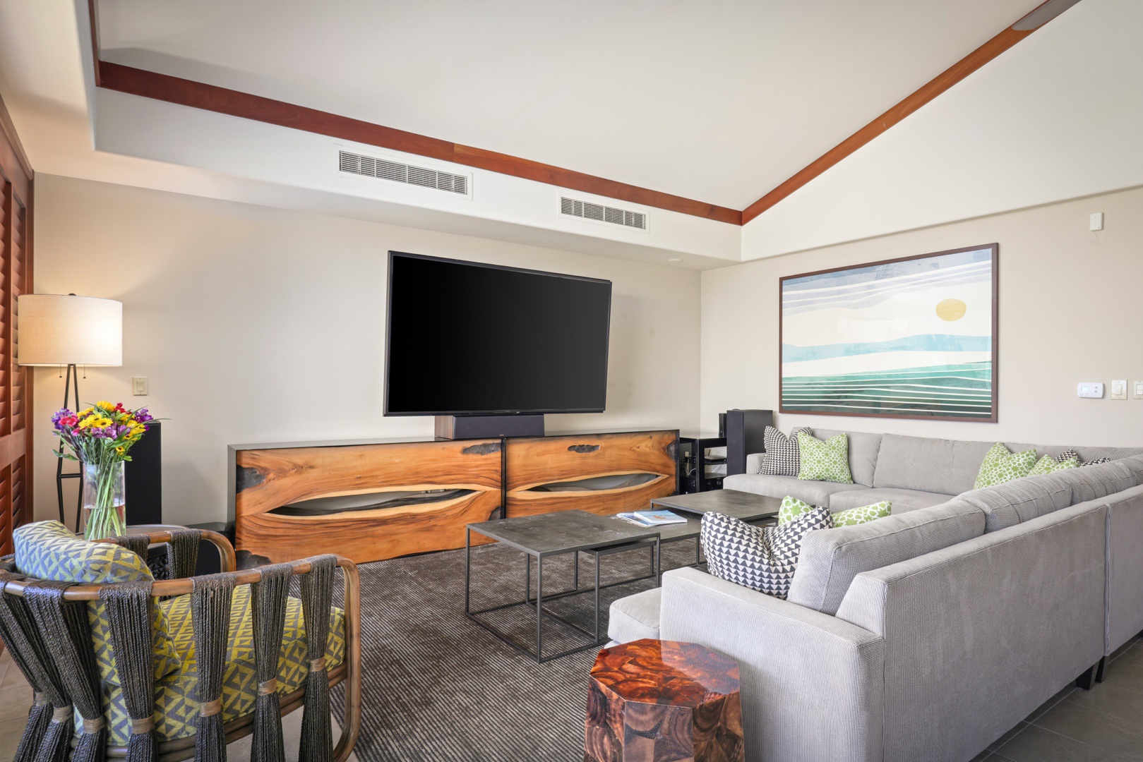 Kailua Kona Vacation Rentals, 3BD Ke Alaula Villa (210B) at Four Seasons Resort at Hualalai - 84” 8K resolution Sony Master Series flat screen television and stunning custom cabinetry.