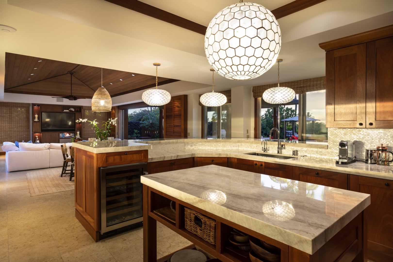 Kailua Kona Vacation Rentals, 4BD Kahikole Street (218) Estate Home at Four Seasons Resort at Hualalai - Spacious modern kitchen with gleaming quartzite countertops, capiz shell backsplash & a circular, open flow