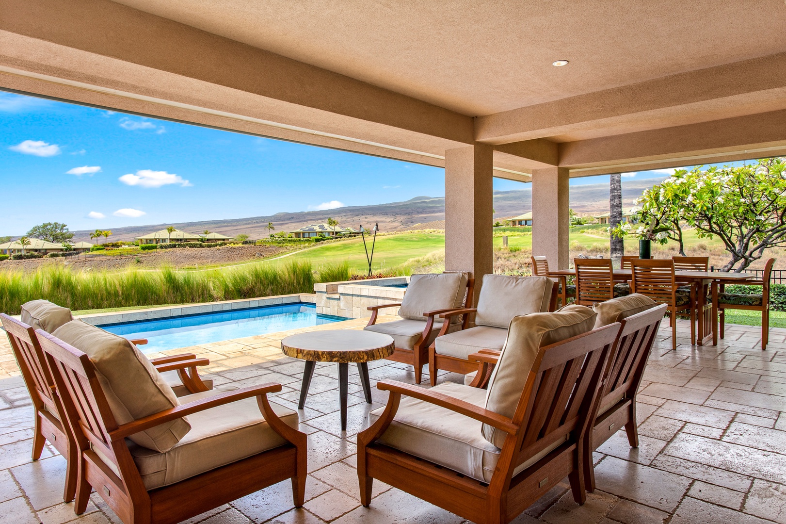 Kamuela Vacation Rentals, 3BD Wai'ula'ula Villa (312) at Mauna Kea Resort - Relax in shaded comfort with plush seating and panoramic views of the golf course and Pacific Ocean.