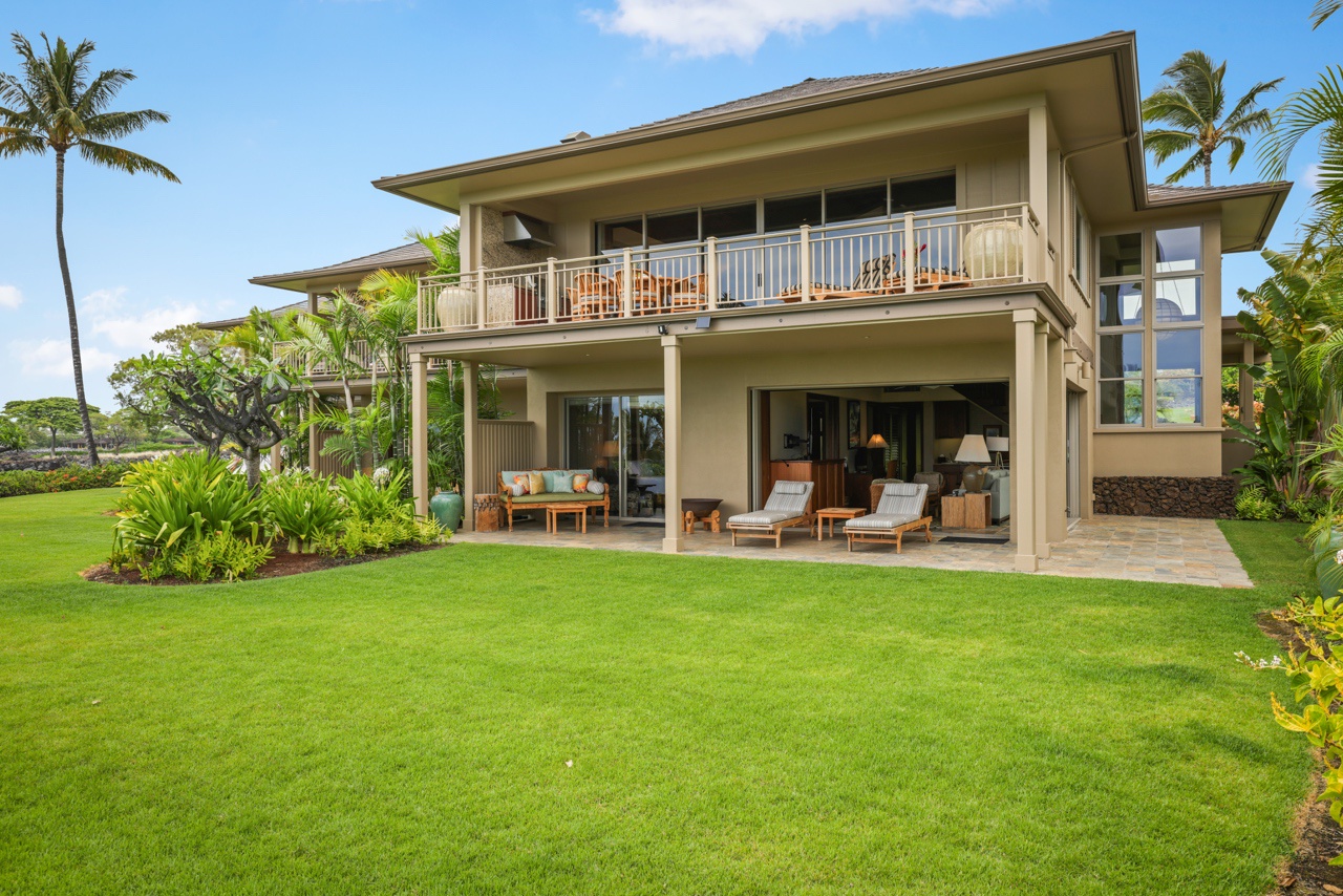 Kailua Kona Vacation Rentals, 3BD Ke Alaula Villa (210A) at Four Seasons Resort at Hualalai - Back of this stunning villa showcasing upper and lower lanais and large private grassy lawn.