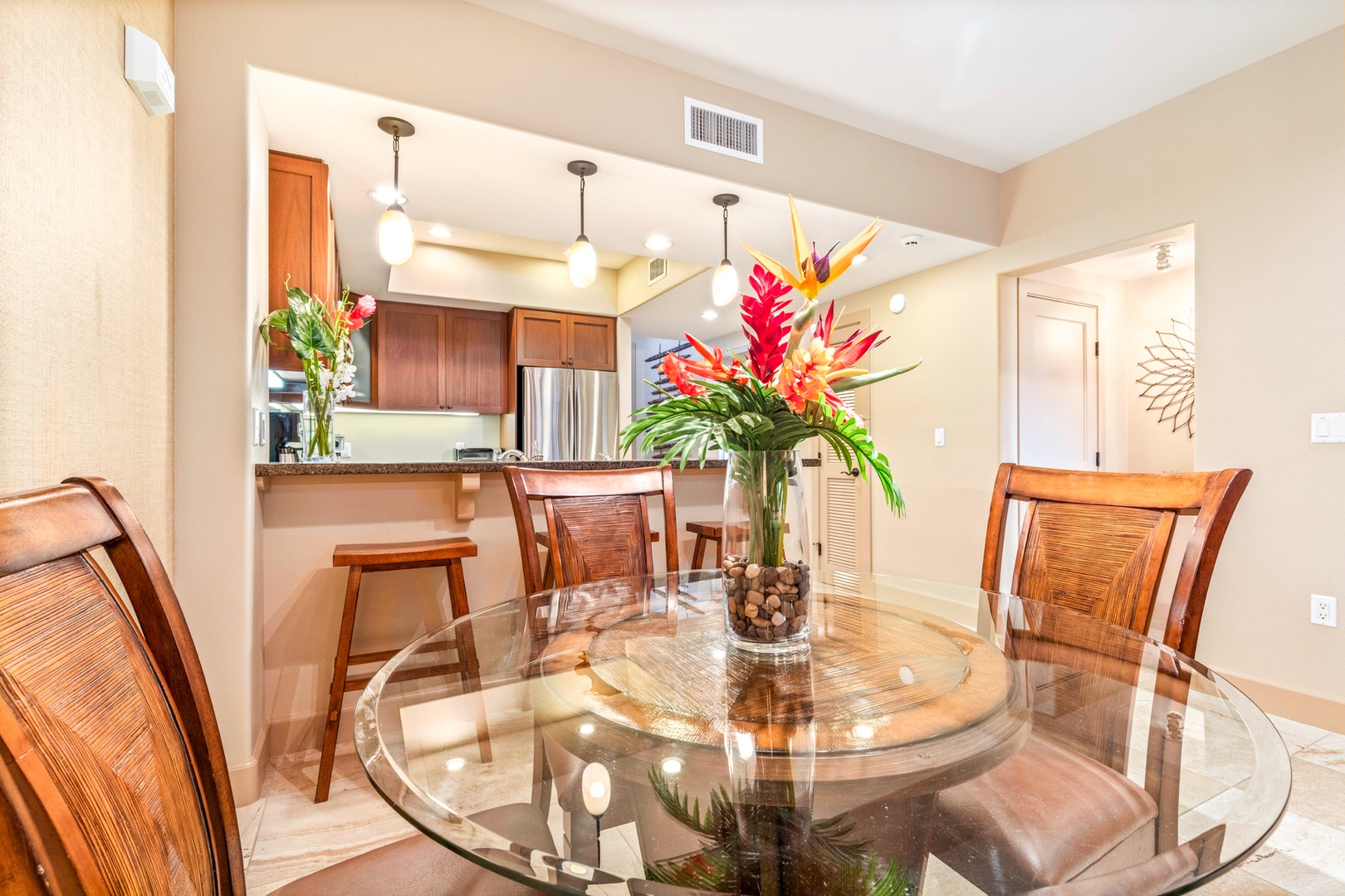 Waikoloa Vacation Rentals, 2BD Hali'i Kai (12C) at Waikoloa Resort - Close up of the formal dining table for four.