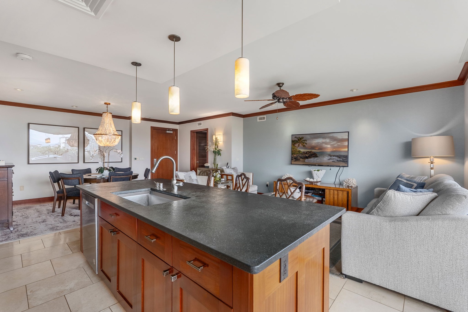 Kapolei Vacation Rentals, Ko Olina Beach Villas B604 - Your spacious open-concept living area flows seamlessly from kitchen to dining to lounge, creating the perfect space for gathering and relaxation.