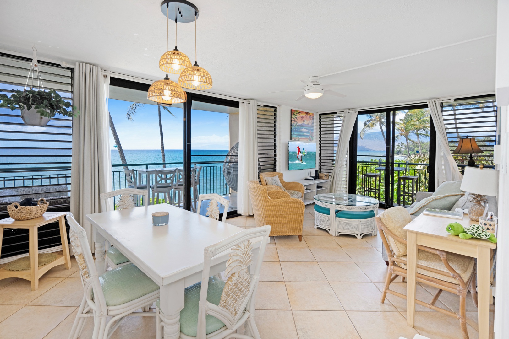 Kihei Vacation Rentals, Punahoa Beach 205 - Ocean light pours in from balconies on both sides of this open living space.
