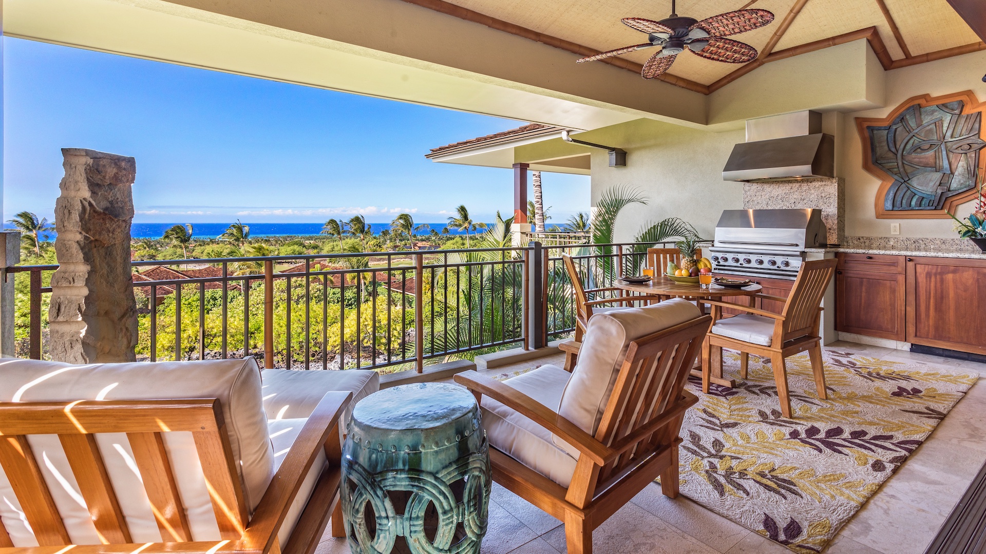Kailua Kona Vacation Rentals, 2BD Hainoa Villa (2907B) at Four Seasons Resort at Hualalai - Ocean & Sunset Views from the Generous Lanai with Plush Chairs, Dining Area & BBQ Grill.