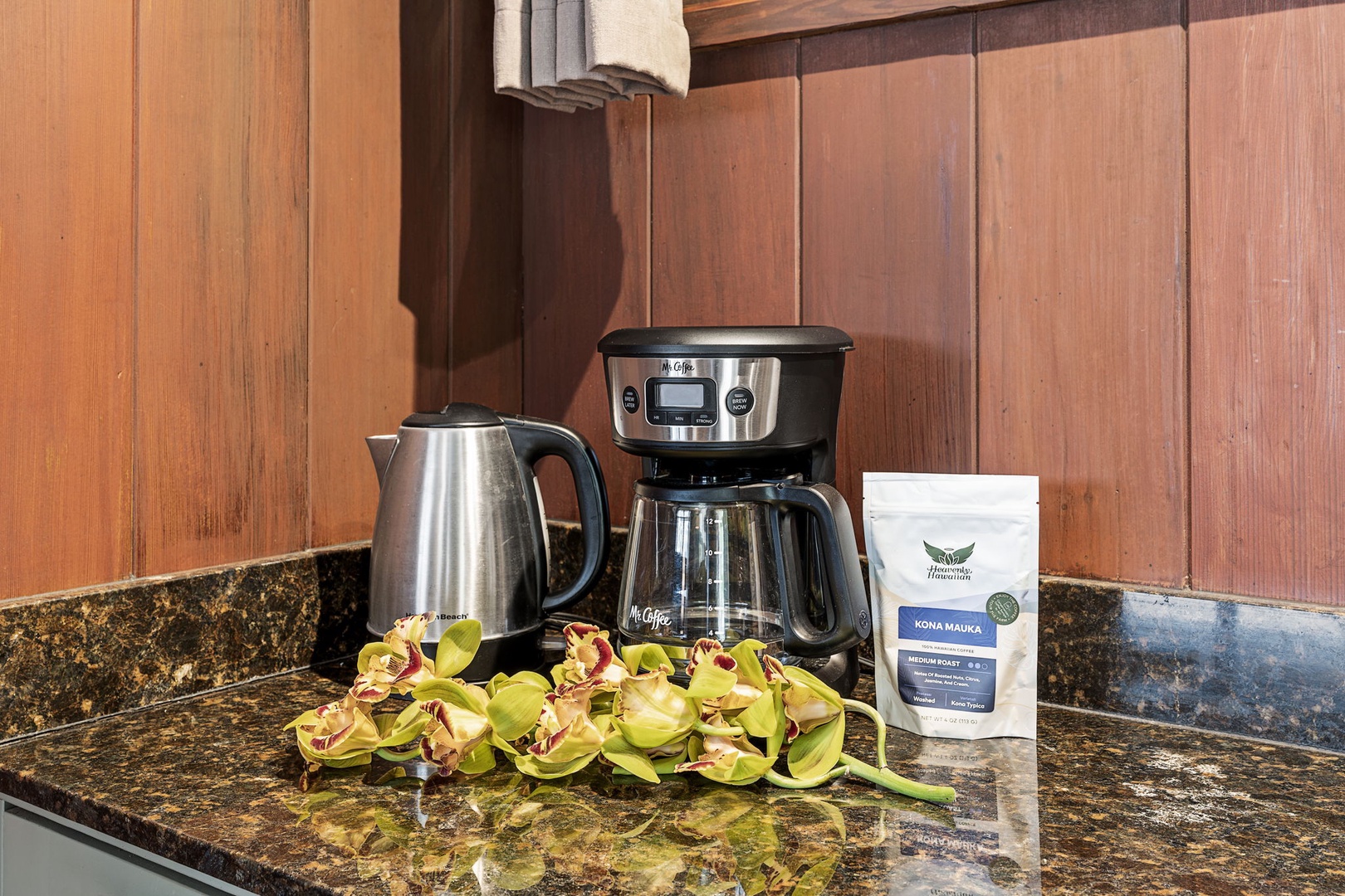 Kailua-Kona Vacation Rentals, Hale Joli - Wake up to the aroma of fresh Hawaiian coffee—your mornings here start with a complimentary kettle, coffee maker, and premium Kona Mauka beans waiting on the counter.