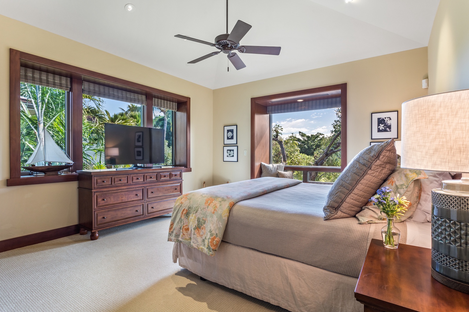 Kailua Kona Vacation Rentals, 3BD Hainoa Villa (2901D) at Four Seasons Resort at Hualalai - Second bedroom with king-size bed, window seat, and large flat-screen TV.