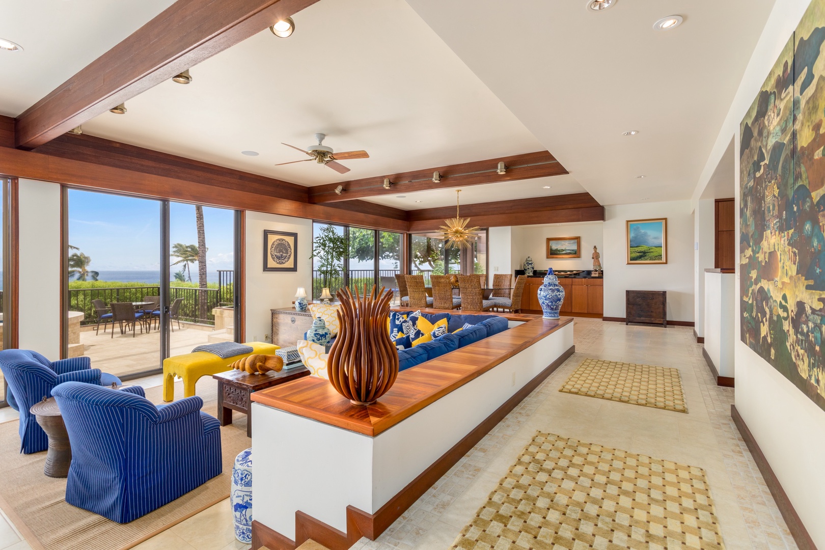 Kamuela Vacation Rentals, OFB 3BD Villas (39) at Mauna Kea Resort - View of generous great room with recessed living area and ocean views.