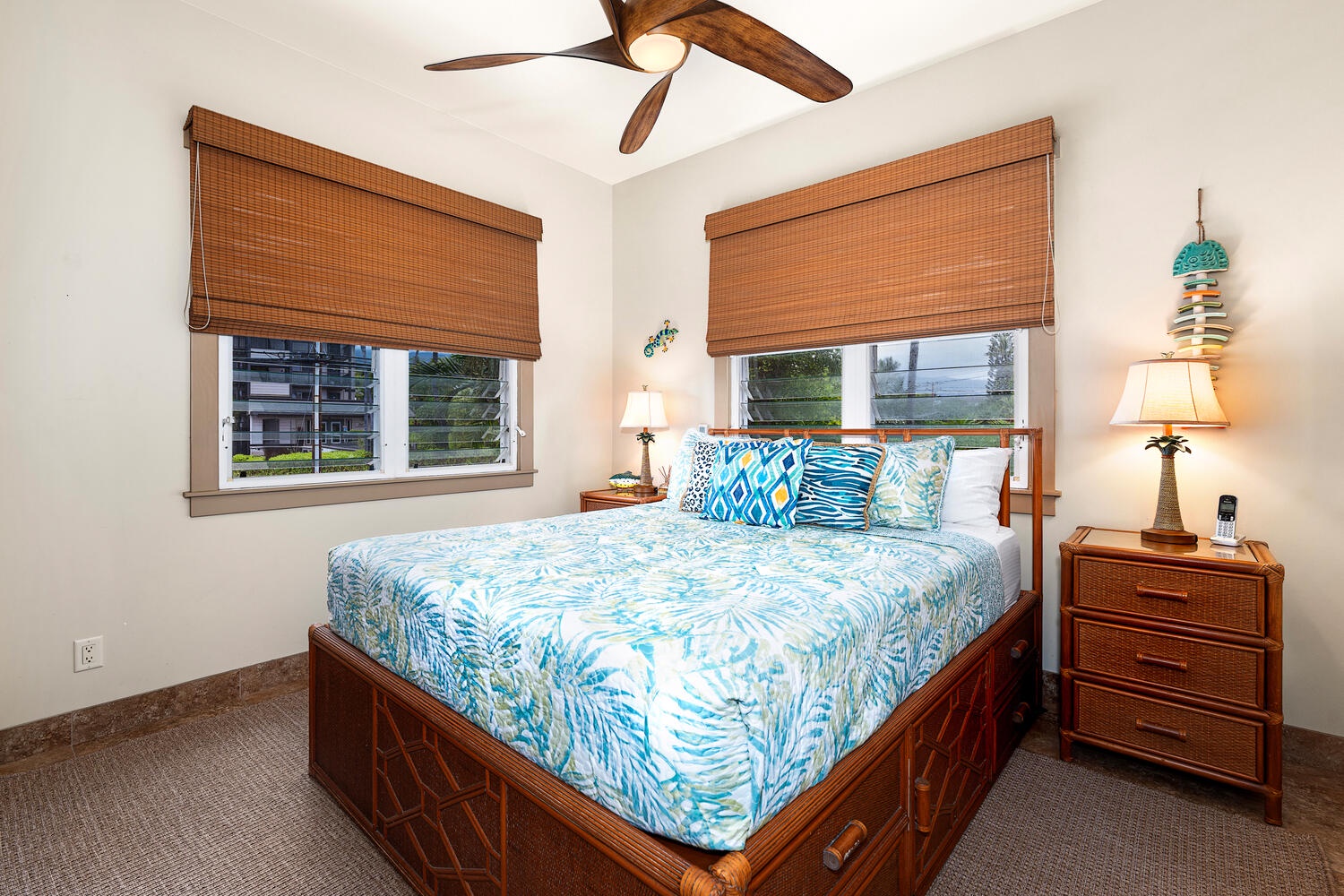 Kailua Kona Vacation Rentals, Kailani Vista - Tropical Island blinds, ceiling fan, and split A/C promise cool, restful nights after Kona coffee–fueled adventures.