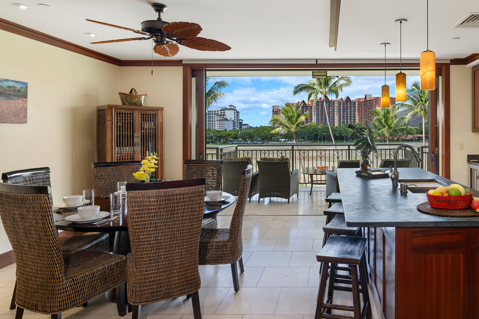Kapolei Vacation Rentals, Ko Olina Beach Villas O414 - Kitchen with a view—enjoy culinary creations while overlooking the scenic outdoors