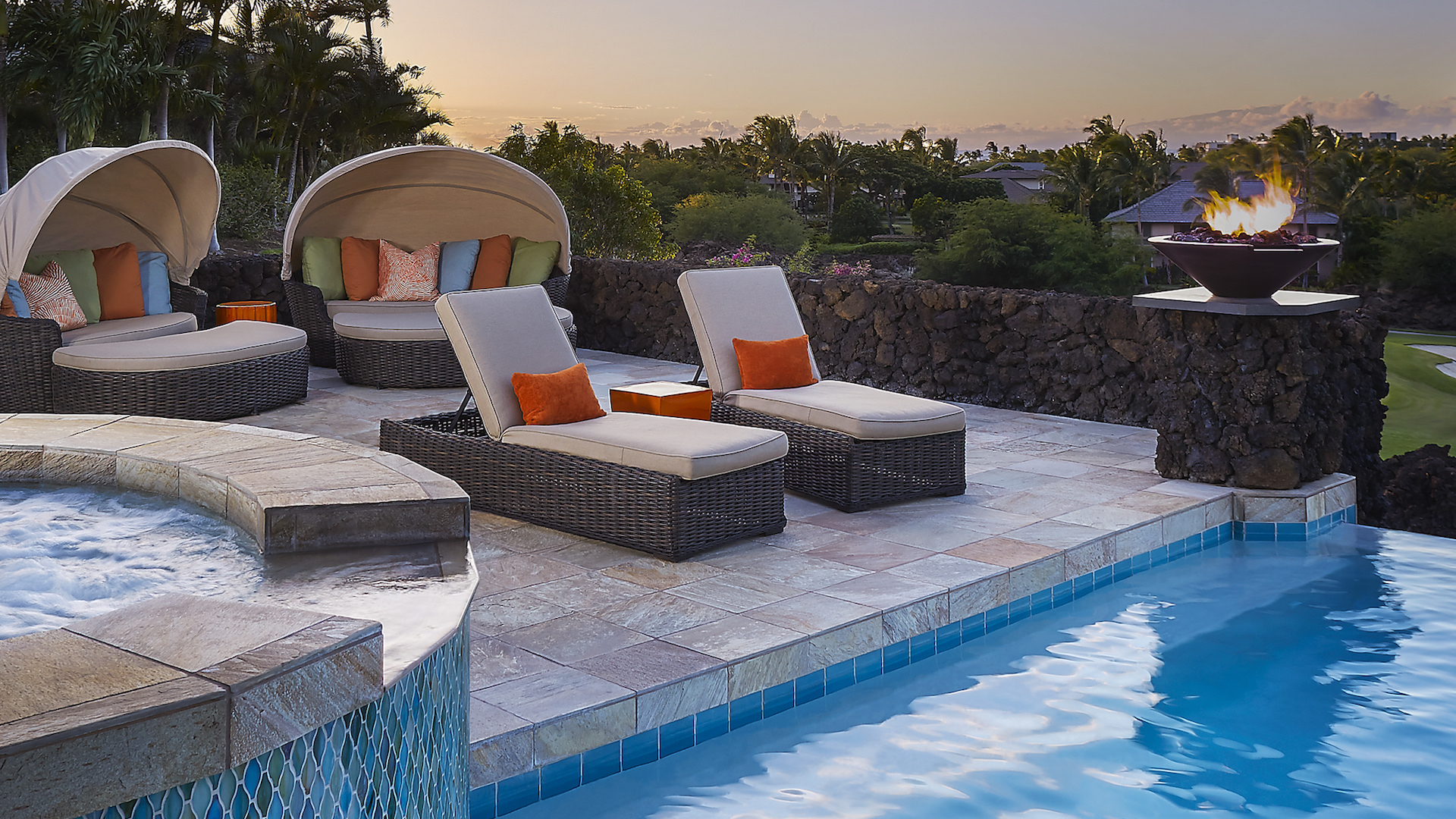 Kamuela Vacation Rentals, 4BD Champion Ridge (CR10) Estate Home at Mauna Lani Resort - Main lanai with private pool and spa, plus plentiful plush seating.