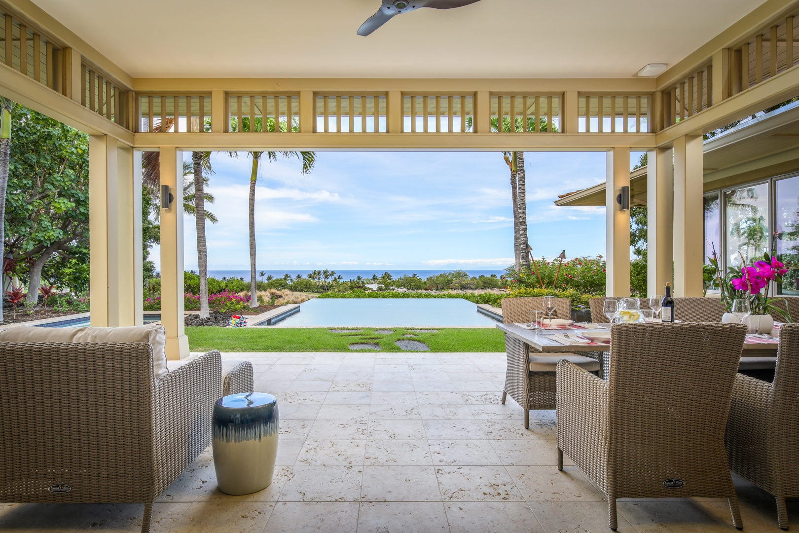 Kailua Kona Vacation Rentals, 4BD Hainoa Estate (122) at Four Seasons Resort at Hualalai - View of the pool deck and grassy lawn from the ample covered lanai.