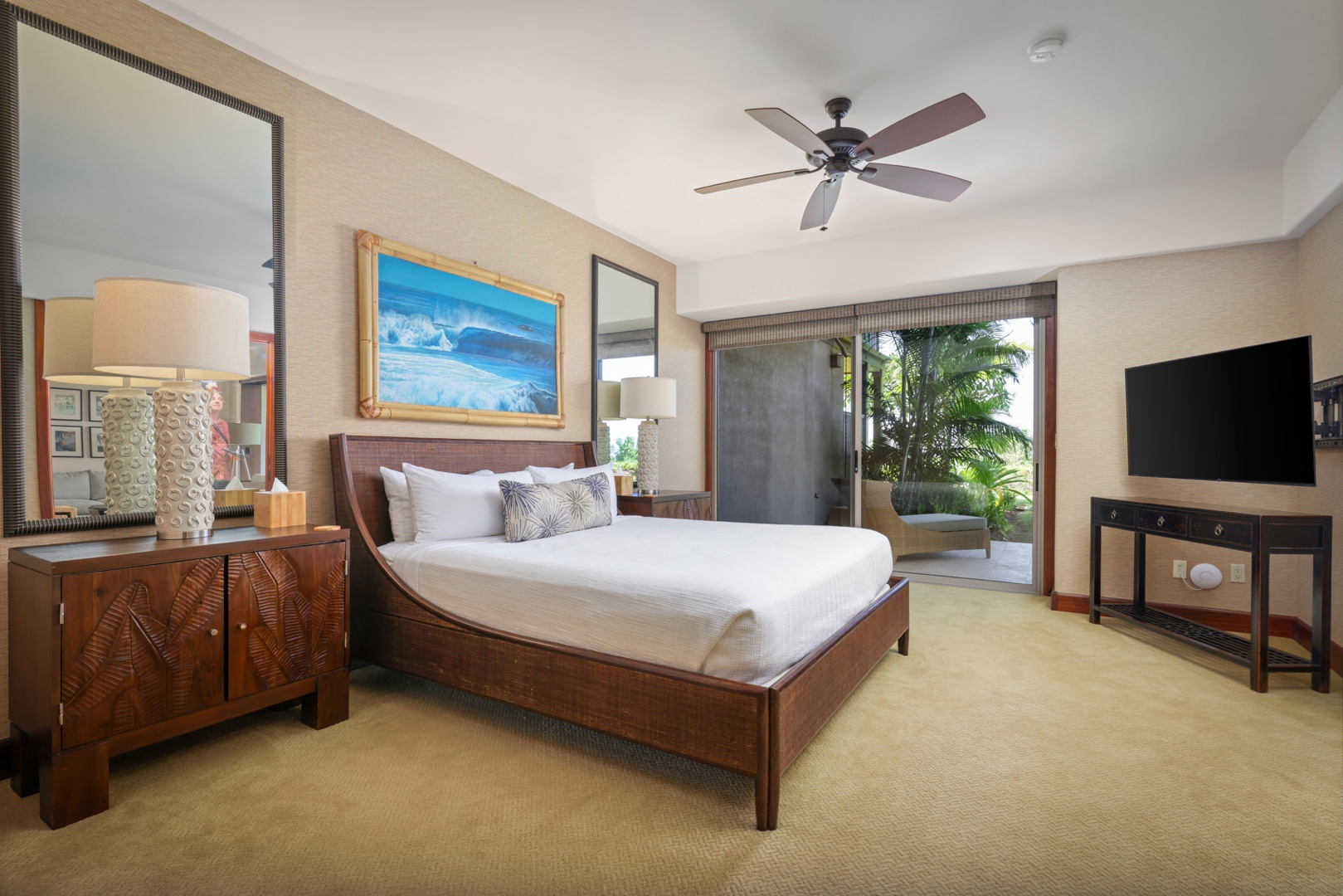 Kailua Kona Vacation Rentals, 3BD Ke Alaula (210B) Villa at Hualalai Resort - Primary bedroom suite with king bed, flat screen television, deck, walk-in closet and ensuite bath.