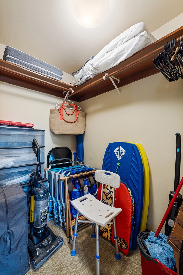 Your gear has its own dedicated spot in this closet and storage area, with sturdy shelving and plenty of room for everything you bring.
