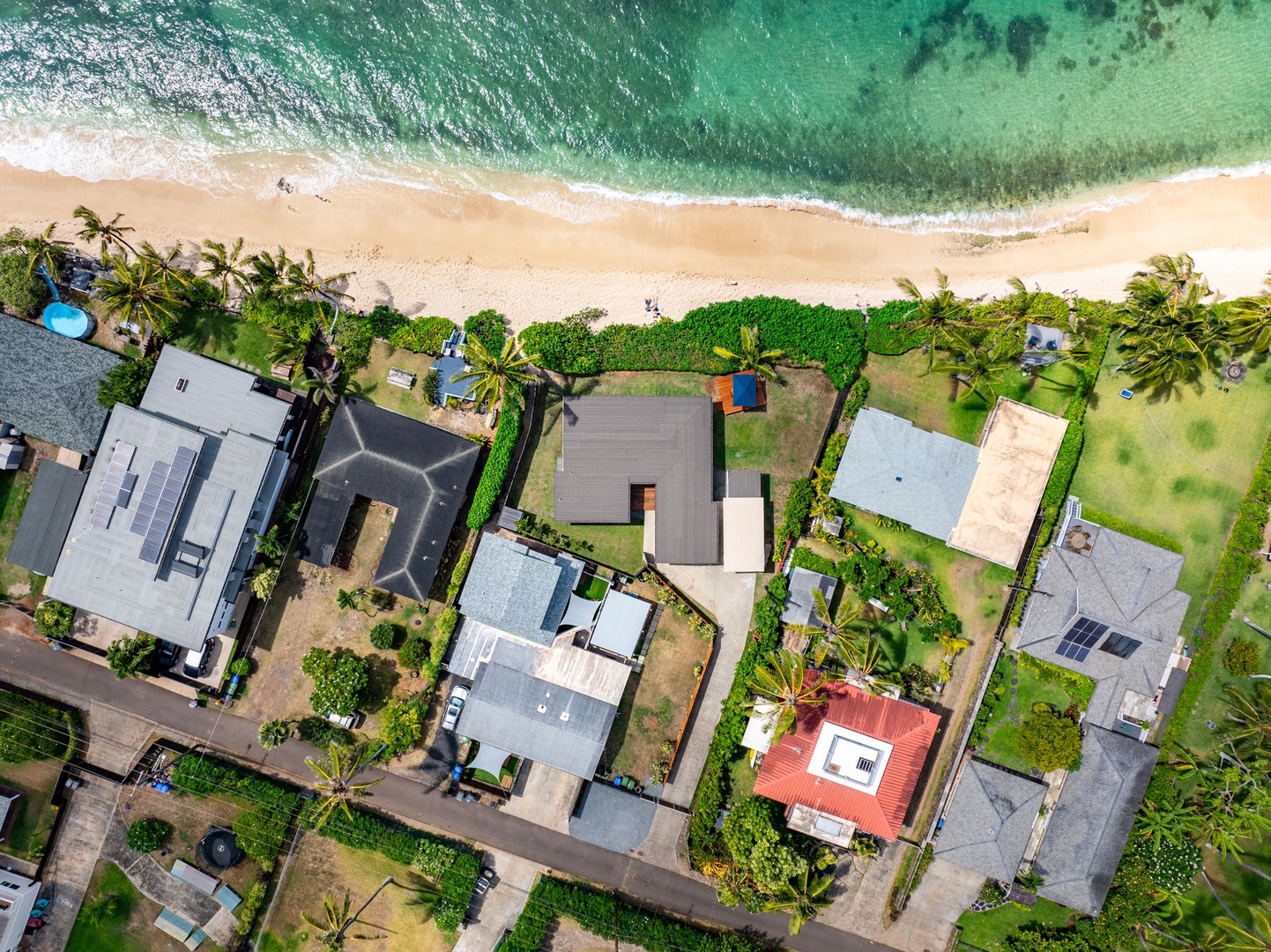 Waialua Vacation Rentals, Mokuleia Beach Villa** - Aerial shot of your home.