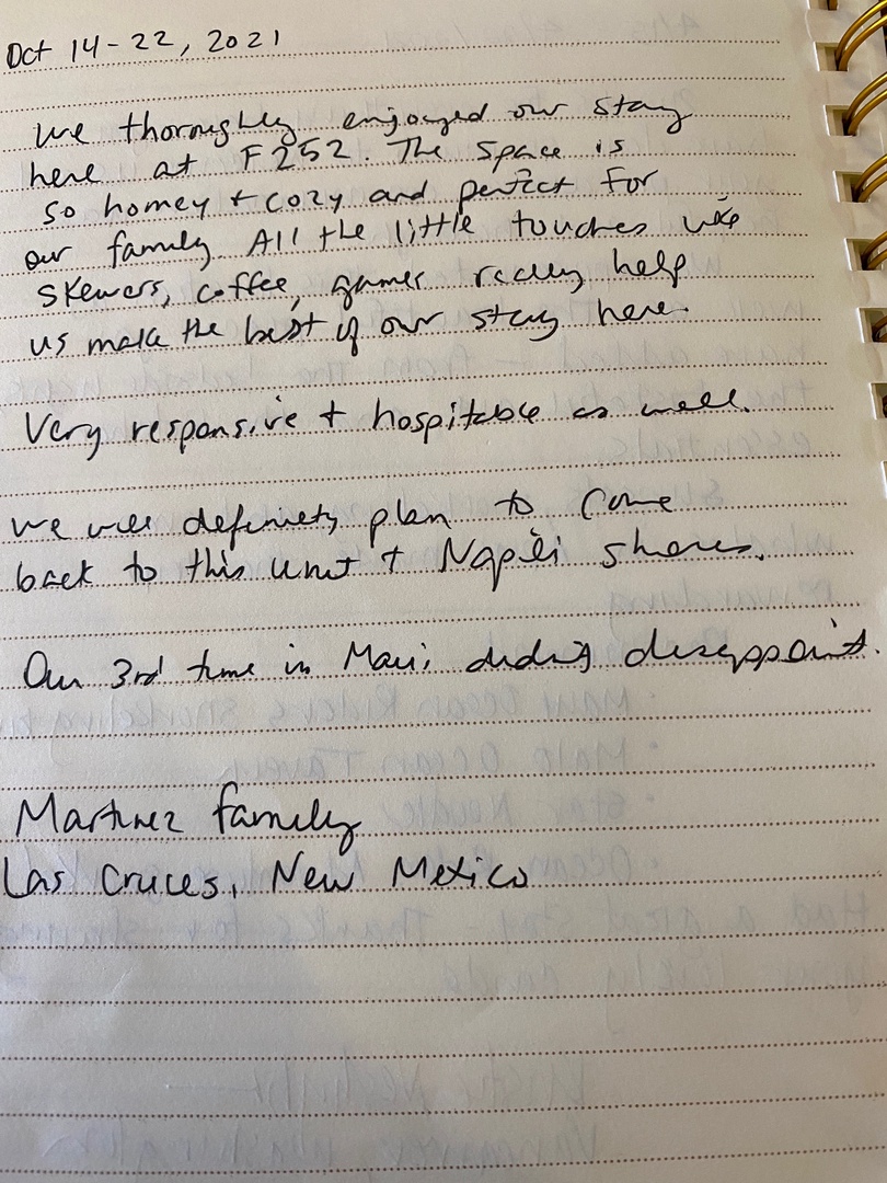 Lahaina Vacation Rentals, Napili Shores F-252 - Handwritten guest review