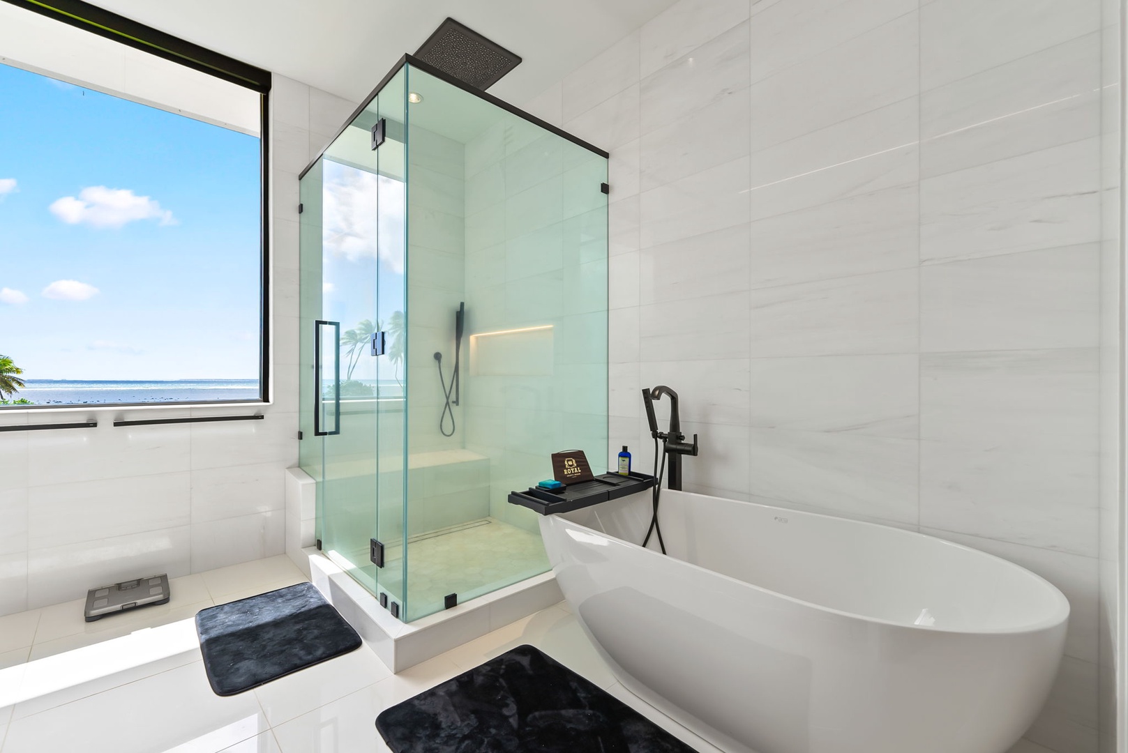 Honolulu Vacation Rentals, Ocean Villa 3 Bedroom - Spa-like bathroom with soaking tub, glass shower, and clean modern lines.