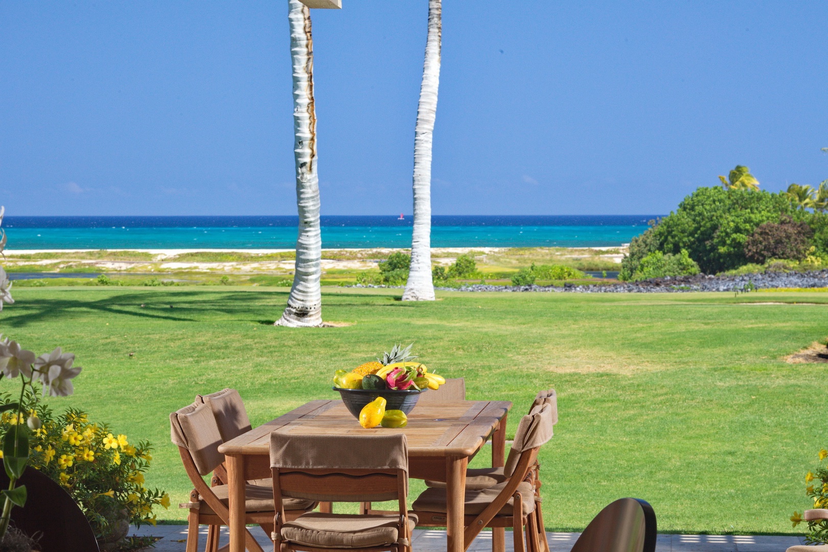 Kailua Kona Vacation Rentals, 3BD Golf Villa (3101) at Four Seasons Resort at Hualalai - Al fresco dining seating for six on your lanai at the prime and coveted golf villa location with expansive views.