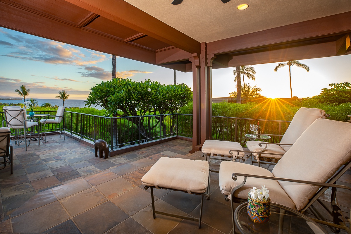 Kamuela Vacation Rentals, Mauna Kea Villas #13 - Relax on the primary bedroom’s lanai, where tropical greenery meets golden sunsets.