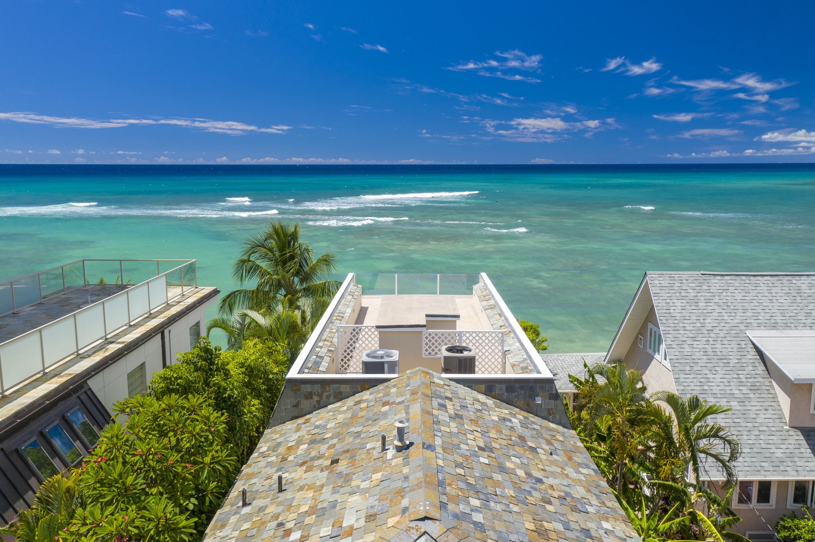 Honolulu Vacation Rentals, Diamond Head Surf House - Aerial view looking down on Diamond Head Surf House.