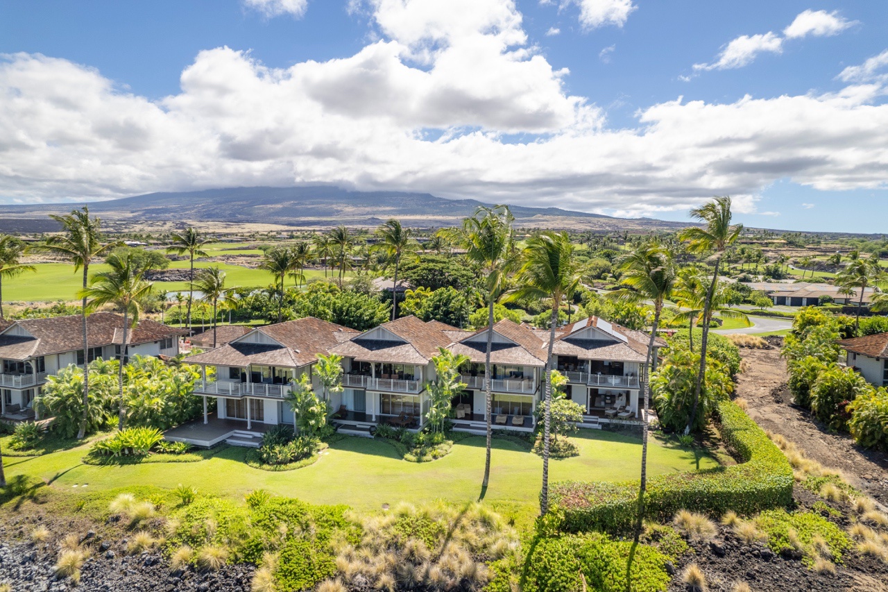 Kailua Kona Vacation Rentals, 3BD Ka'Ulu Villa (109A) at Hualalai Resort - Aerial view of villa amidst tropical landscaping with Hualalai beyond.