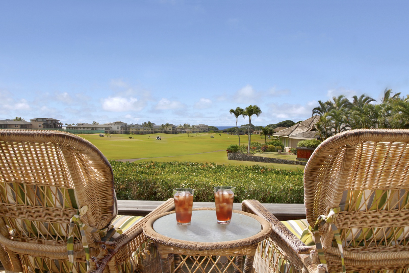 Koloa Vacation Rentals, Plantation Cottage at Poipu - Sunset Lanai with golf course and distant ocean view