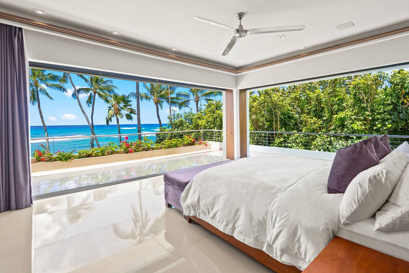 Honolulu Vacation Rentals, Diamond Head Beachfront Estate 9BR - The corner primary opens through walls of glass to palms and ocean.