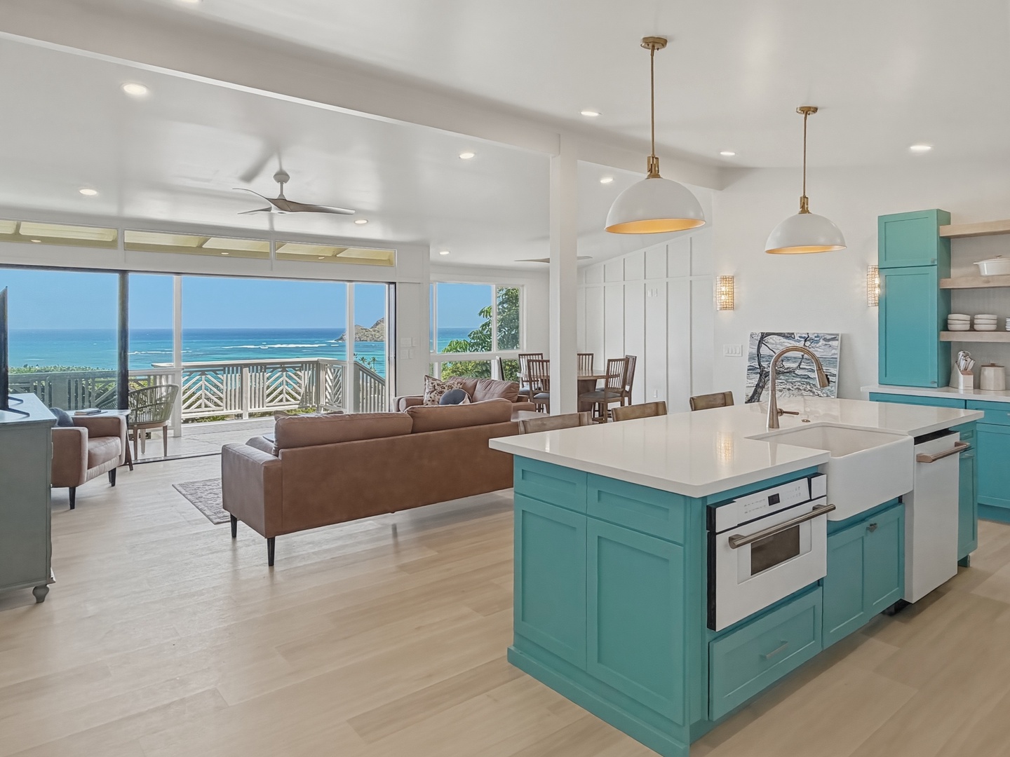Kailua Vacation Rentals, Kai Nalu - Take in breathtaking ocean views from this stunning open-concept space, where your turquoise kitchen island becomes the heart of coastal living.