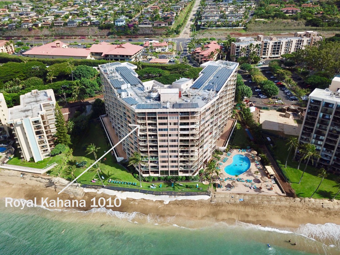 Lahaina Vacation Rentals, Royal Kahana 1010 - Aerial view of Royal Kahana 1010 with its crystal waters and sandy shoreline.