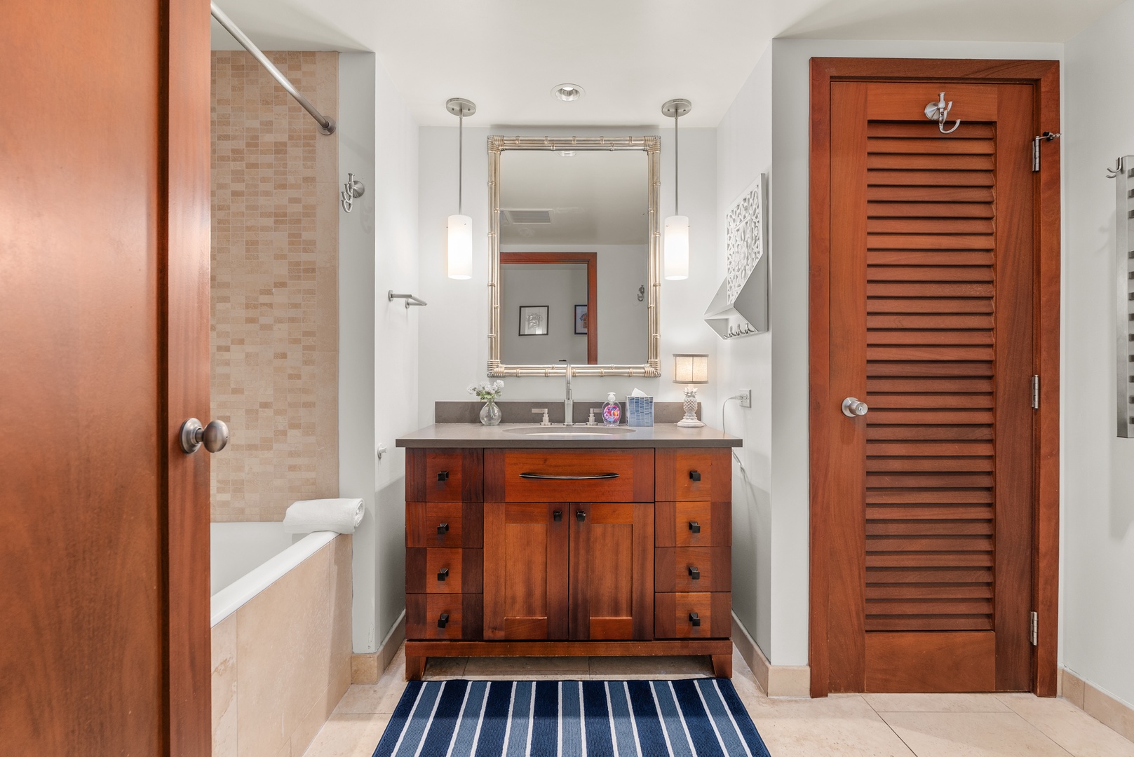 Get ready at a vanity with counter room to actually spread out.