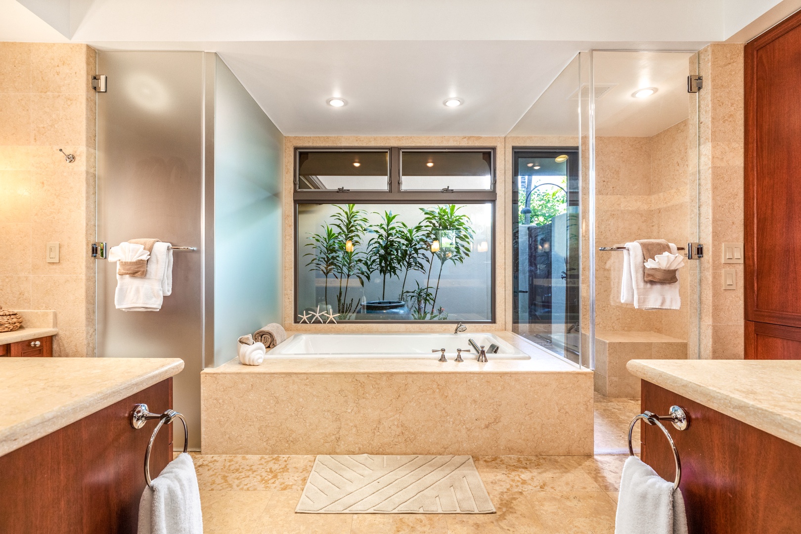 Kailua Kona Vacation Rentals, 3BD Hainoa Villa (2907C) at Hualalai Resort - Detail of soaking tub overlooking tropical outdoor shower garden.