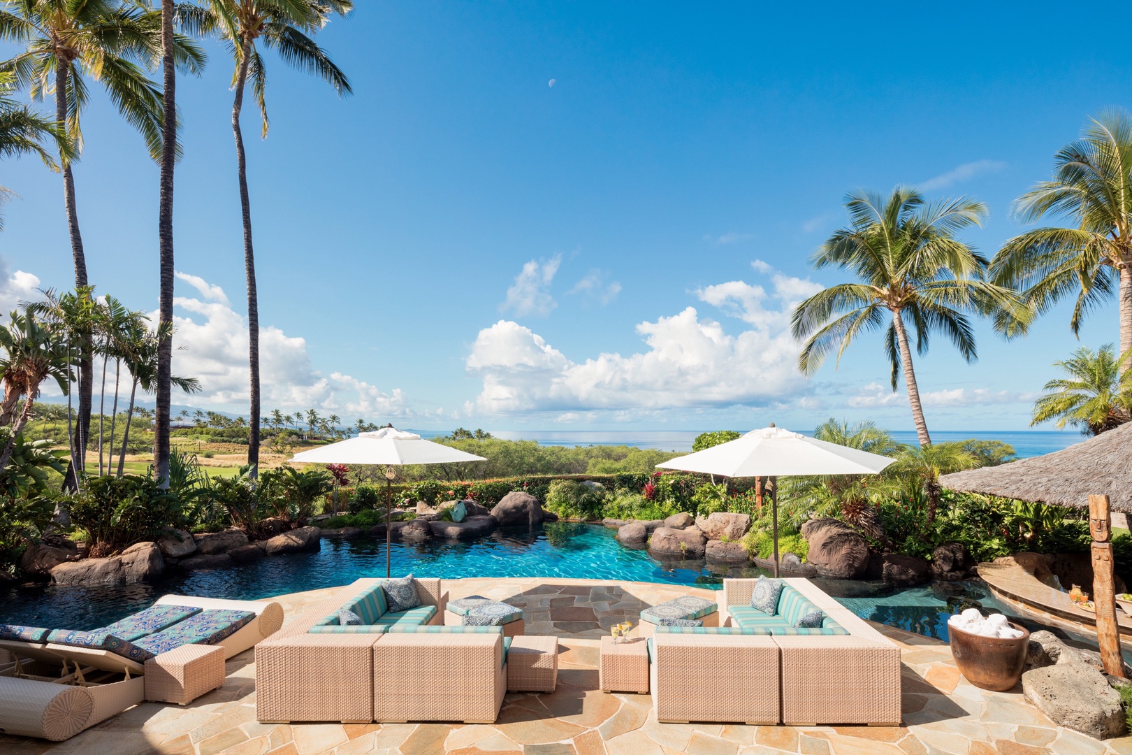 Kamuela Vacation Rentals, 5BD Fairways North (1) Estate Home at Mauna Kea Resort - View of lanai, pool deck, pool, and ocean from great room.