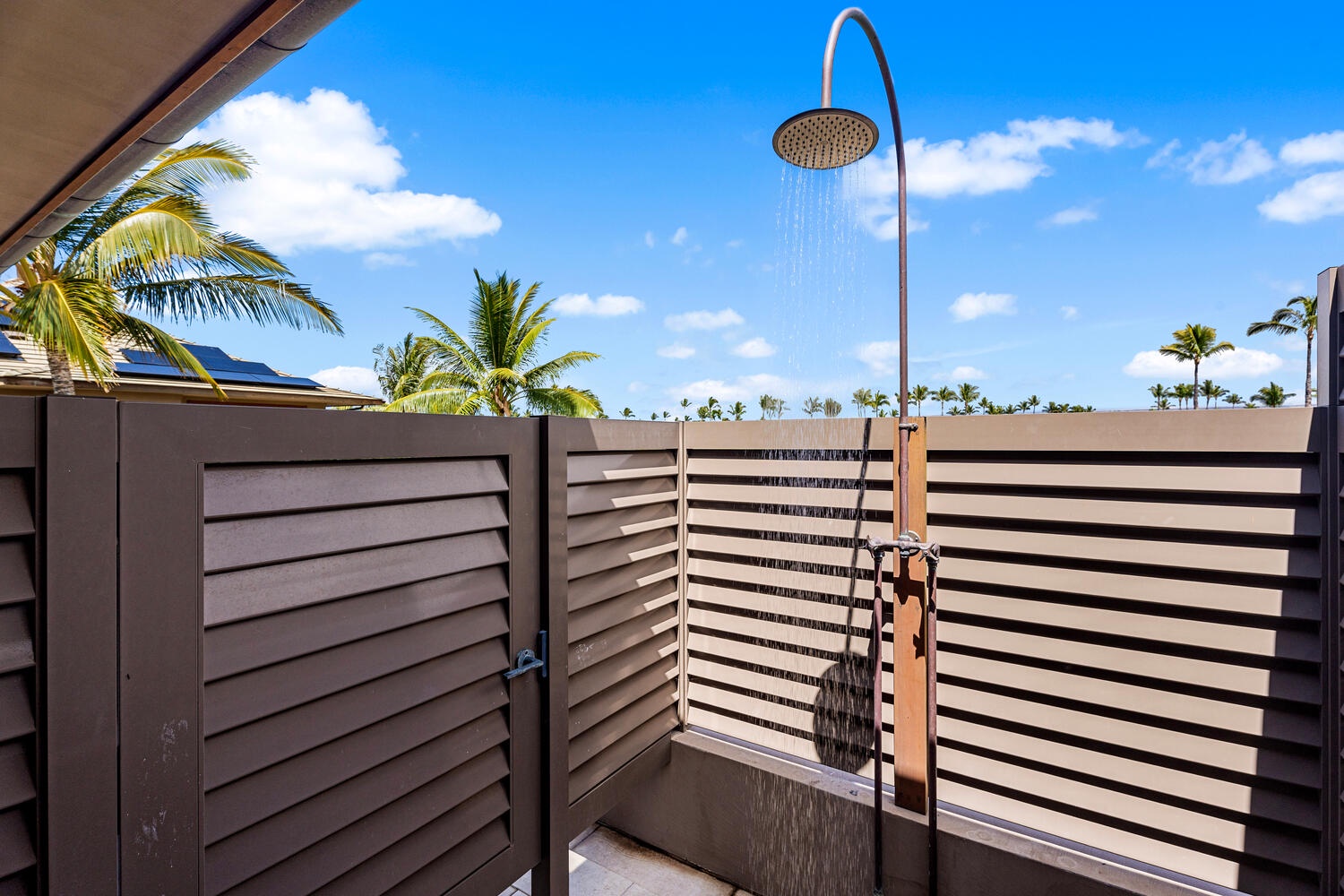 Kamuela Vacation Rentals, Laule'a Ohana Retreat - Rinse off under the private outdoor shower surrounded by tropical palms at Laule'a #13.