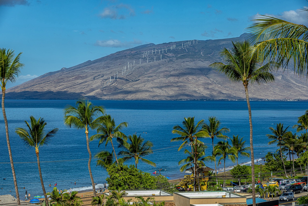 Kihei Vacation Rentals, Kamaole Beach Royal 610 - Palm fronds sway right at eye level, the West Maui Mountains rising just past them.