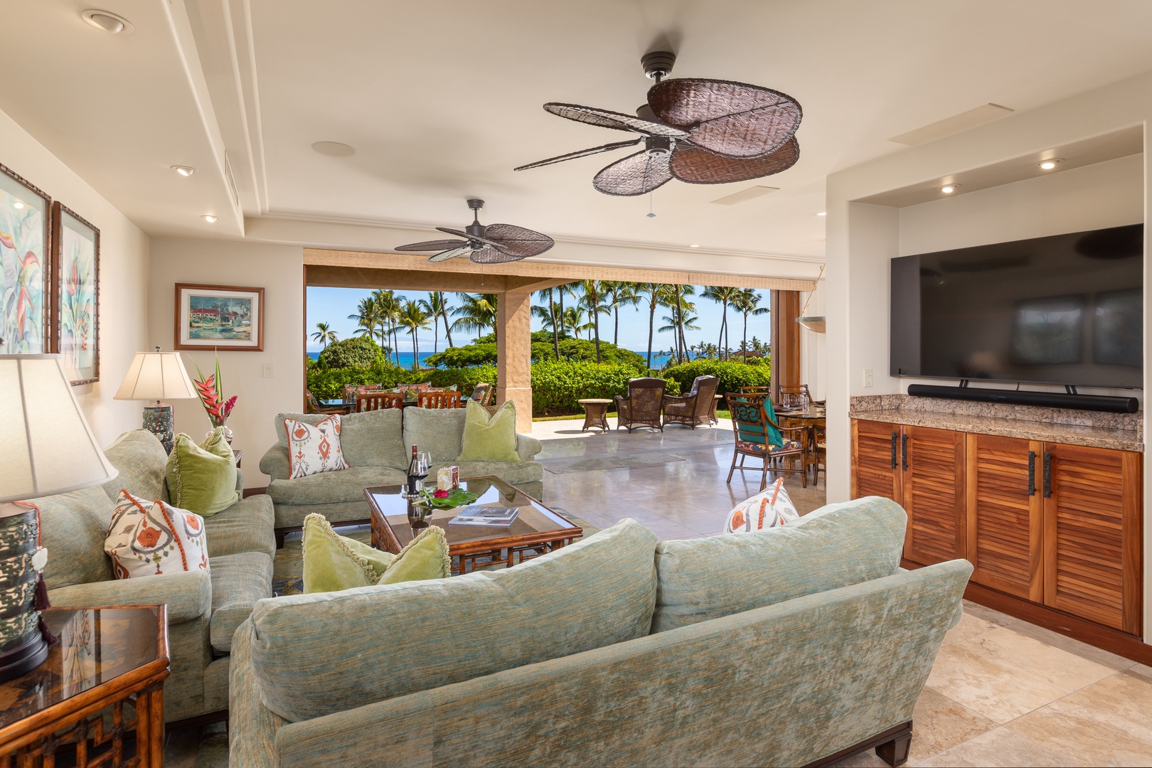 Kailua Kona Vacation Rentals, 2BD Hillside Villa (4102) at Hualalai Resort - Bright great room with pocketing glass doors opening fully to the lanai.