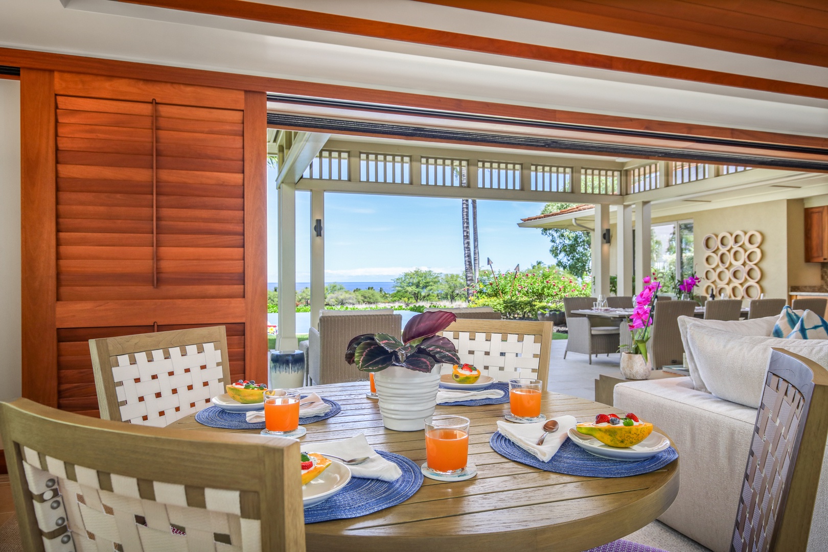 Kailua Kona Vacation Rentals, 4BD Hainoa Estate (122) at Four Seasons Resort at Hualalai - Bright and cheerful breakfast table with ocean views.