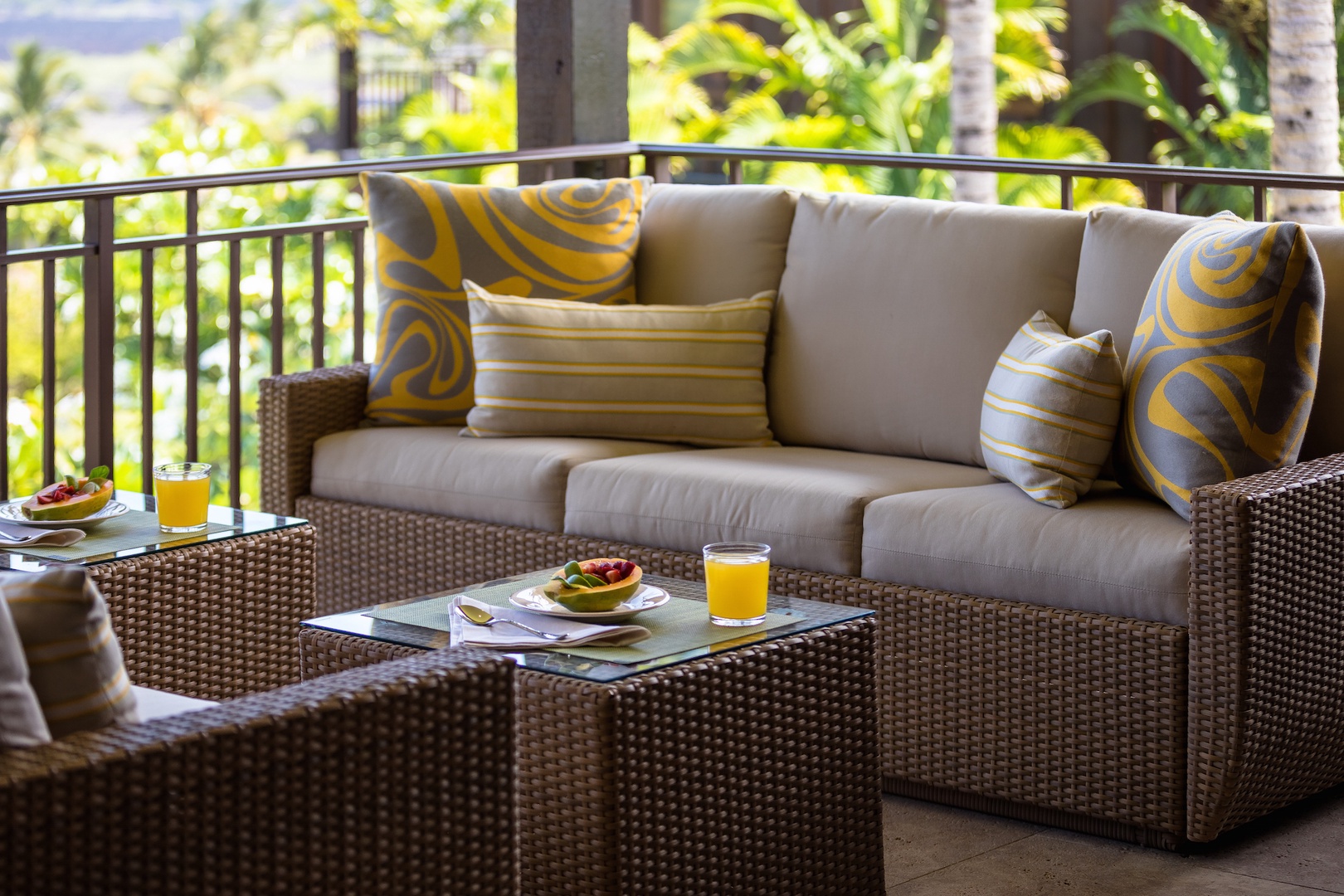 Kailua Kona Vacation Rentals, 3BD Hali'ipua Villa (108) at Four Seasons Resort at Hualalai - Detail of lanai seating. Professional luxury design inside and out.
