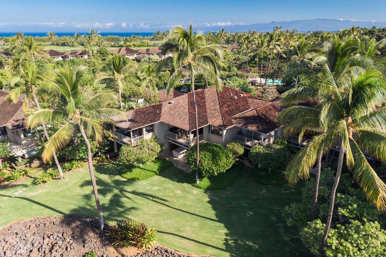 Kailua Kona Vacation Rentals, 3BD Waiulu Villa (111D) at Hualalai Resort - Elevated view showcasing the tranquil villa complex and scenic greenery.
