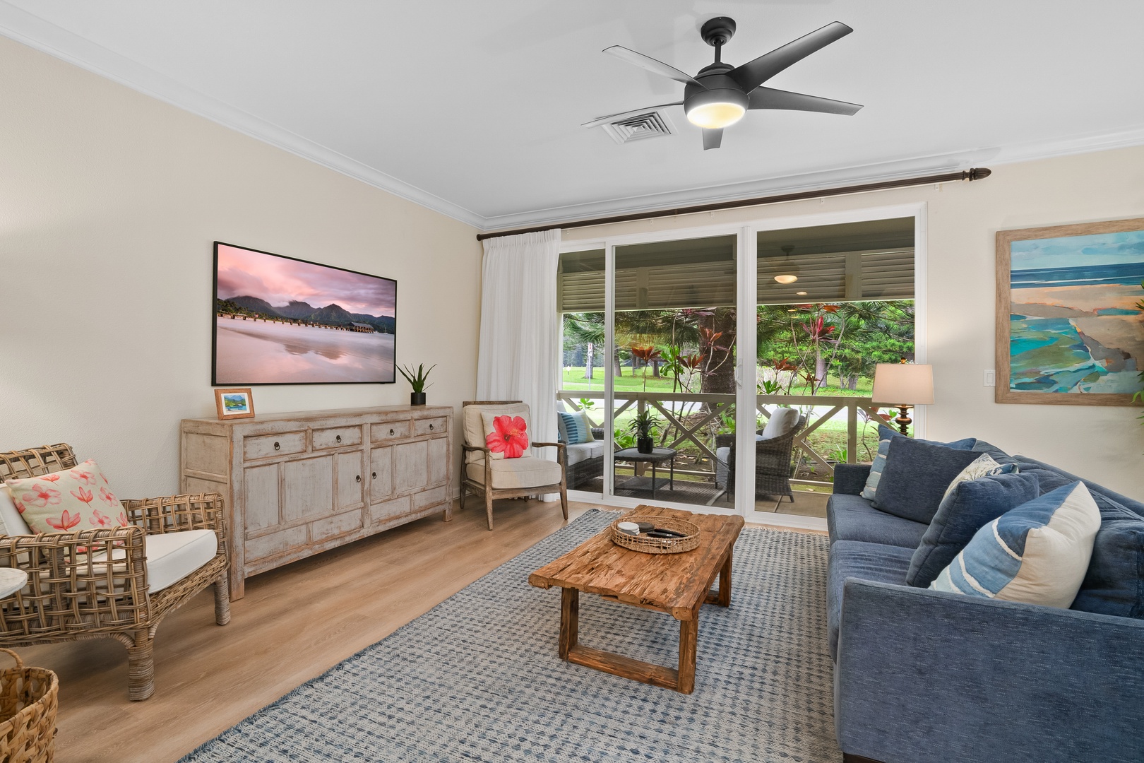 Princeville Vacation Rentals, Hale Kaua'i - Relax in the bright, open living space after a day exploring Kaua'i's North Shore.