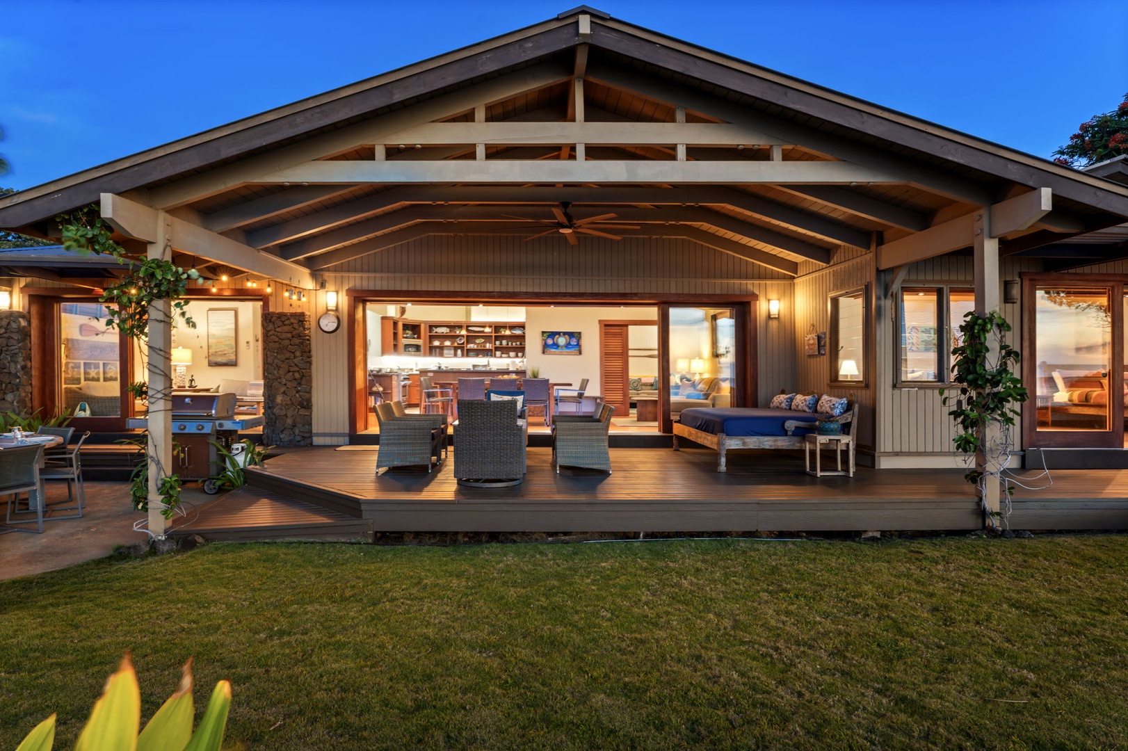 Kamuela Vacation Rentals, Island Time Retreat - Lights come up on the open lanai just as the evening settles in.