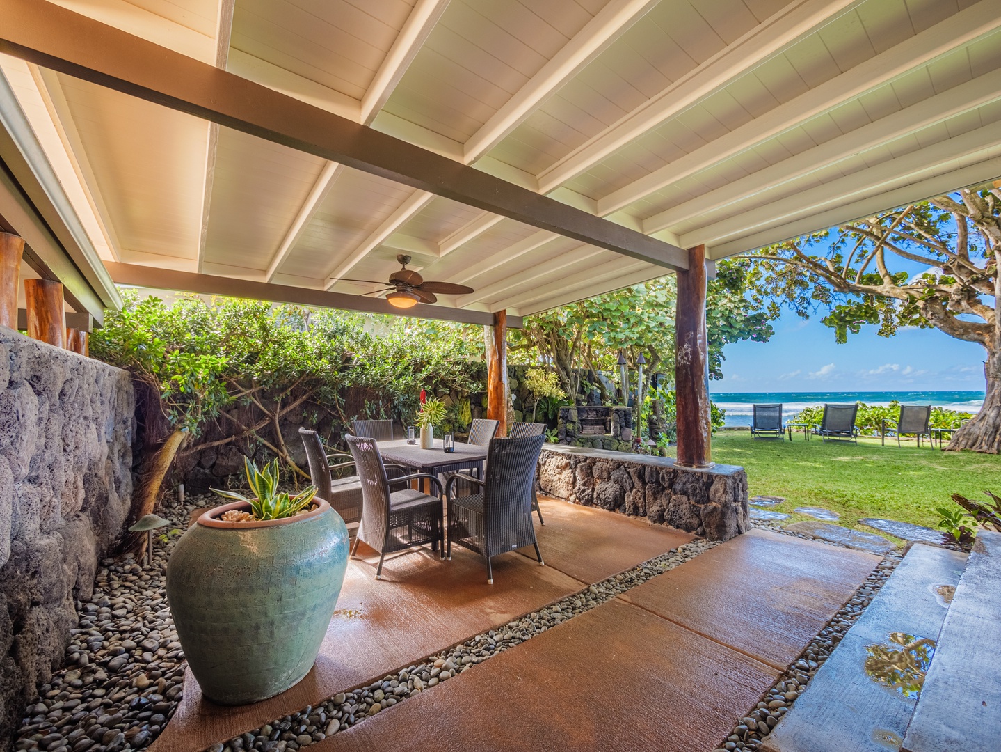 Haleiwa Vacation Rentals, Sunset Point Hawaiian Beachfront** - A perfect spot for your morning coffees.
