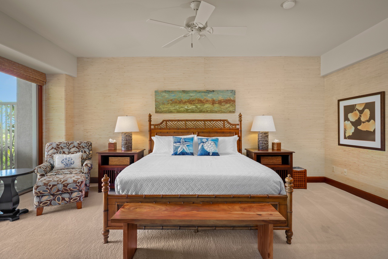 Kailua Kona Vacation Rentals, 3BD Ke Alaula Villa (210A) at Four Seasons Resort at Hualalai - The primary suite offers a king-sized bed, central AC, ensuite bathroom and private lanai.