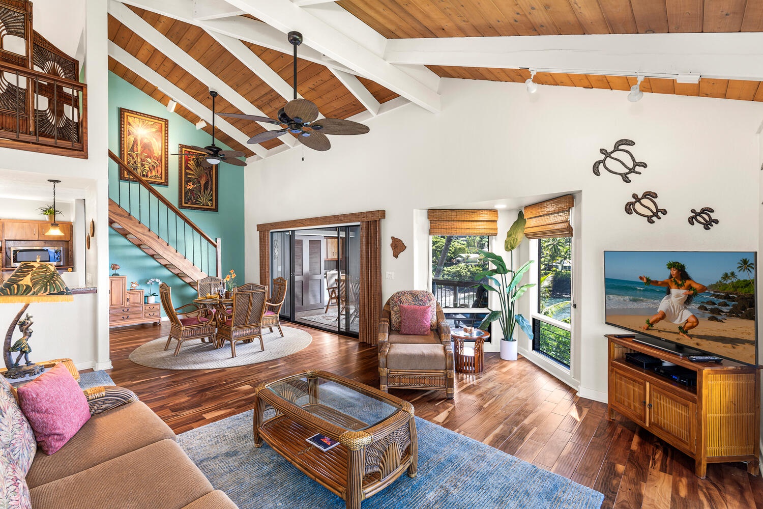 Kailua Kona Vacation Rentals, Kanaloa at Kona 3304 - Cozy and open-concept living space with authentic Hawaiian décor and ocean views.