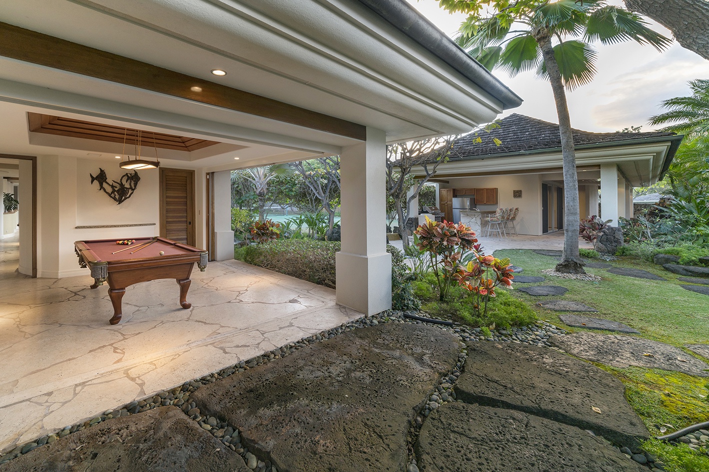 Kailua Vacation Rentals, Kailua's Kai Moena - Guest house: Billiard room opens to inside courtyard steps from the tennis court, fitness center, outside BBQ, pool and spa.