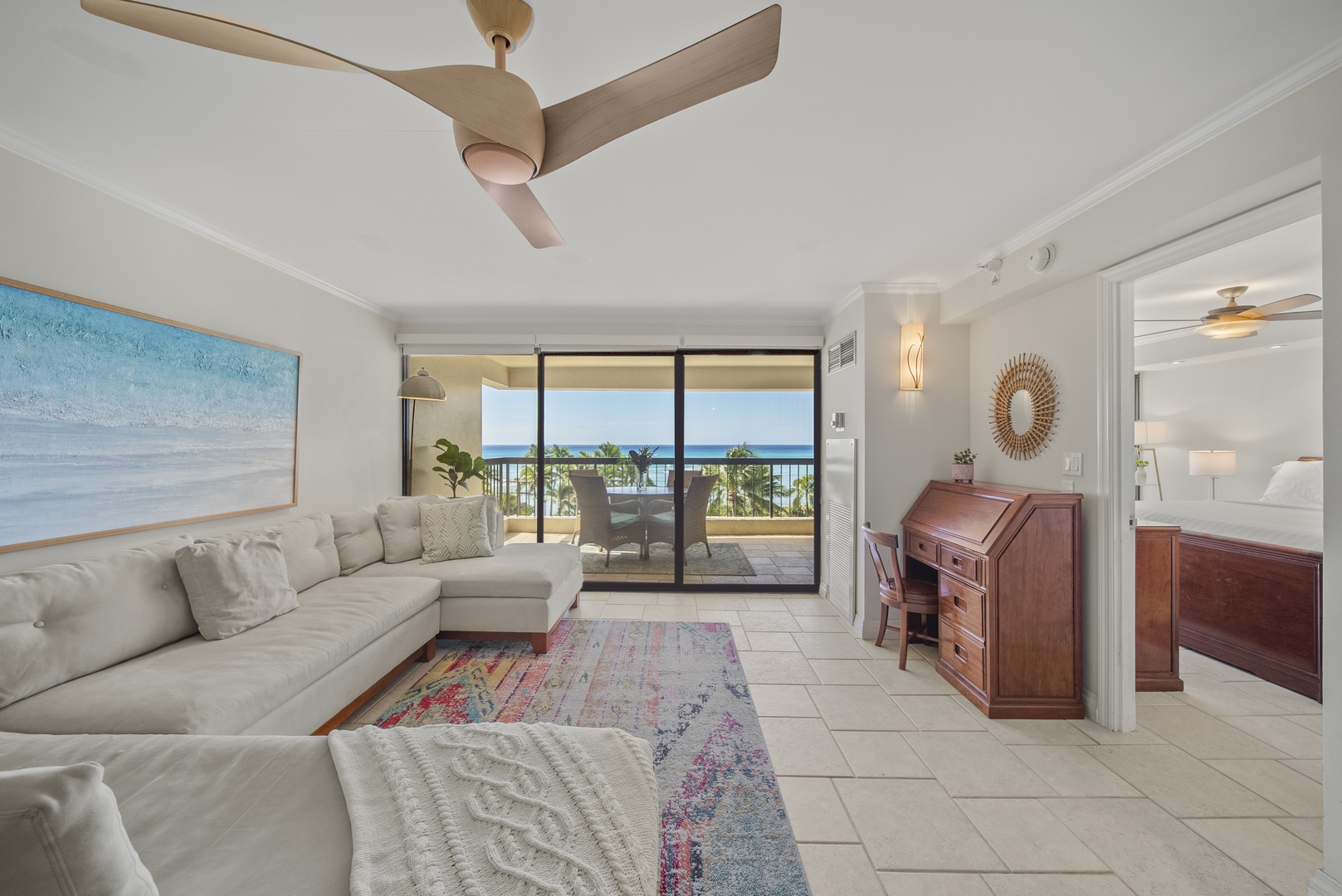 Honolulu Vacation Rentals, Aston Waikiki Beach Tower 602 - Enjoy a modern, open-concept living room with stunning ocean-inspired décor.