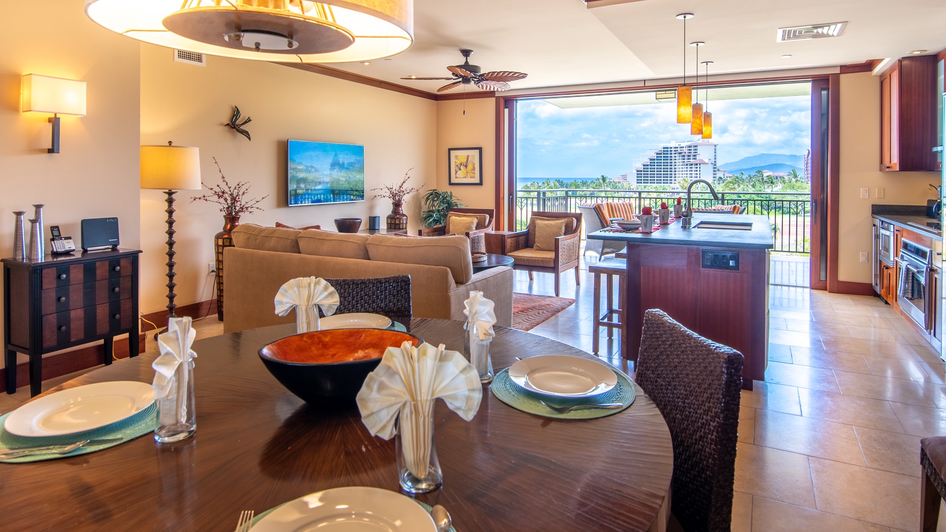 Kapolei Vacation Rentals, Ko Olina Beach Villas B608 - An open floor plan with kitchen, dining and living room.