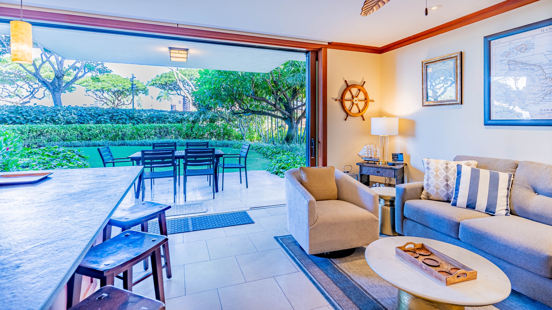 Kapolei Vacation Rentals, Ko Olina Beach Villas B102 - Open the sliding doors for lush green views and sun dappled days.