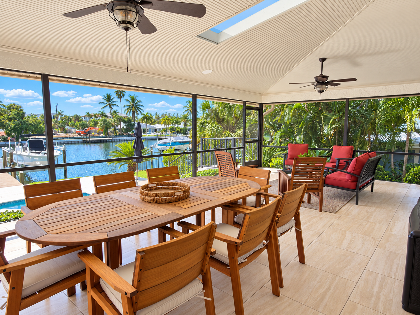 Bright screened patio overlooking the pool
