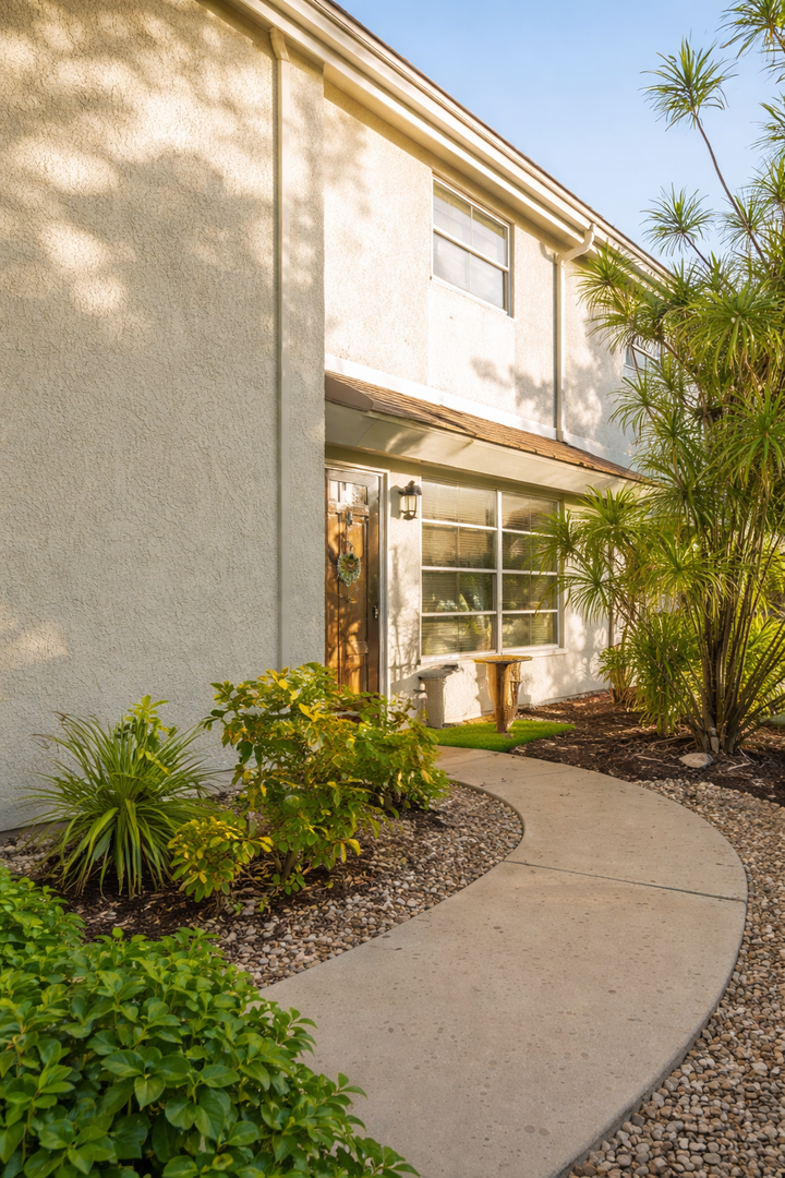 Modern two-story property with tropical landscaping and curved walkway leading to the front entrance.