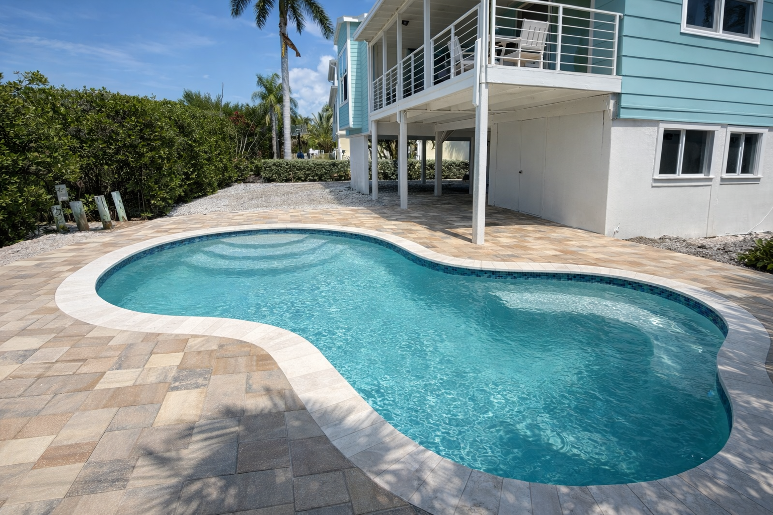 Dive into your private paradise! Crystal-clear waters await in this stunning kidney-shaped pool, surrounded by elegant pavers and tropical palm trees.